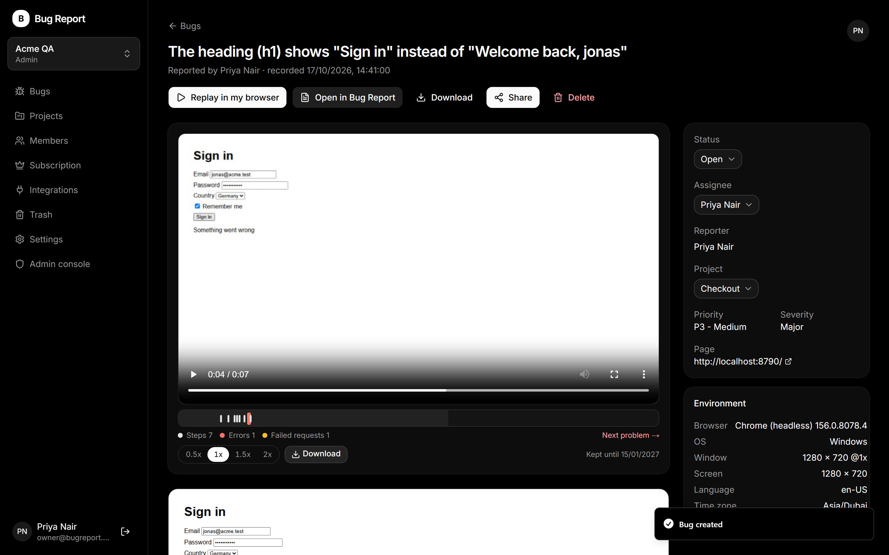 A bug on the dashboard with Replay in my browser and the video timeline