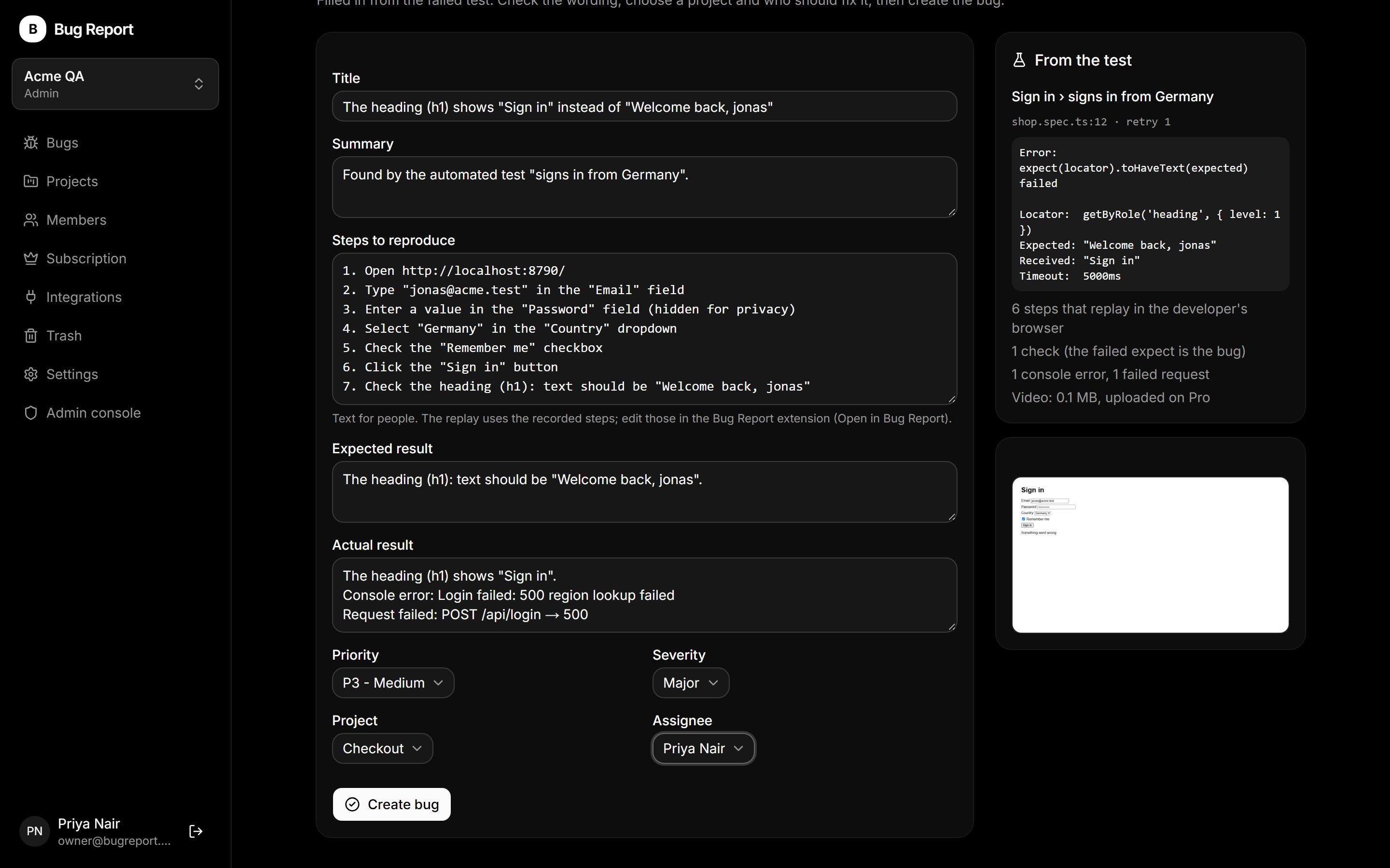 The New bug from a test page on the dashboard, filled in
