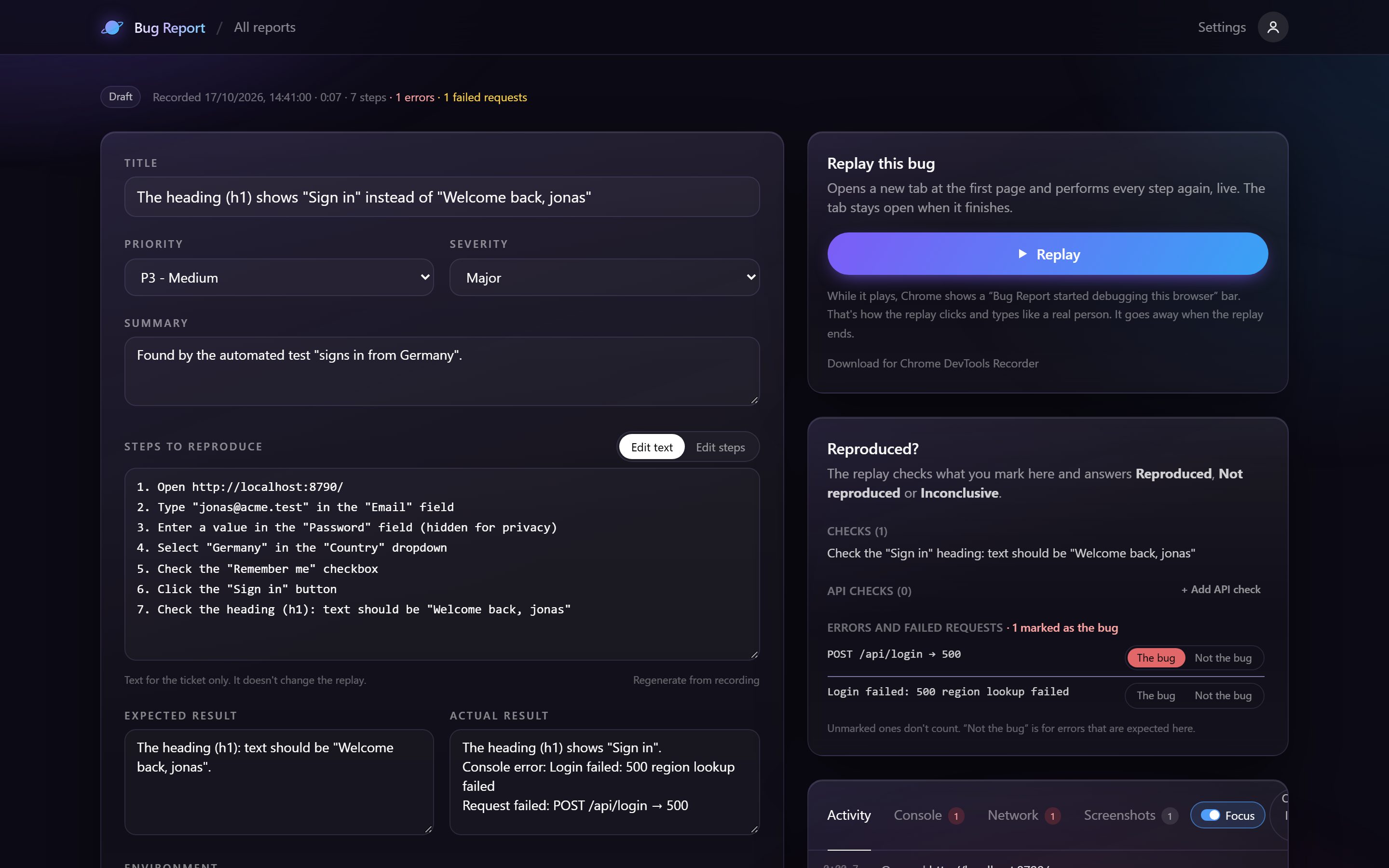 A report with a check, expected and actual result and errors marked as the bug