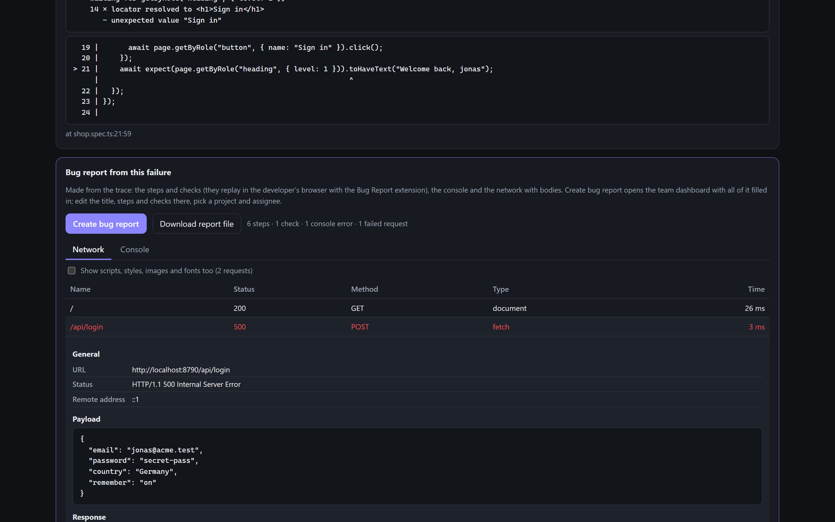 The bug report inside the test report with the failed login request