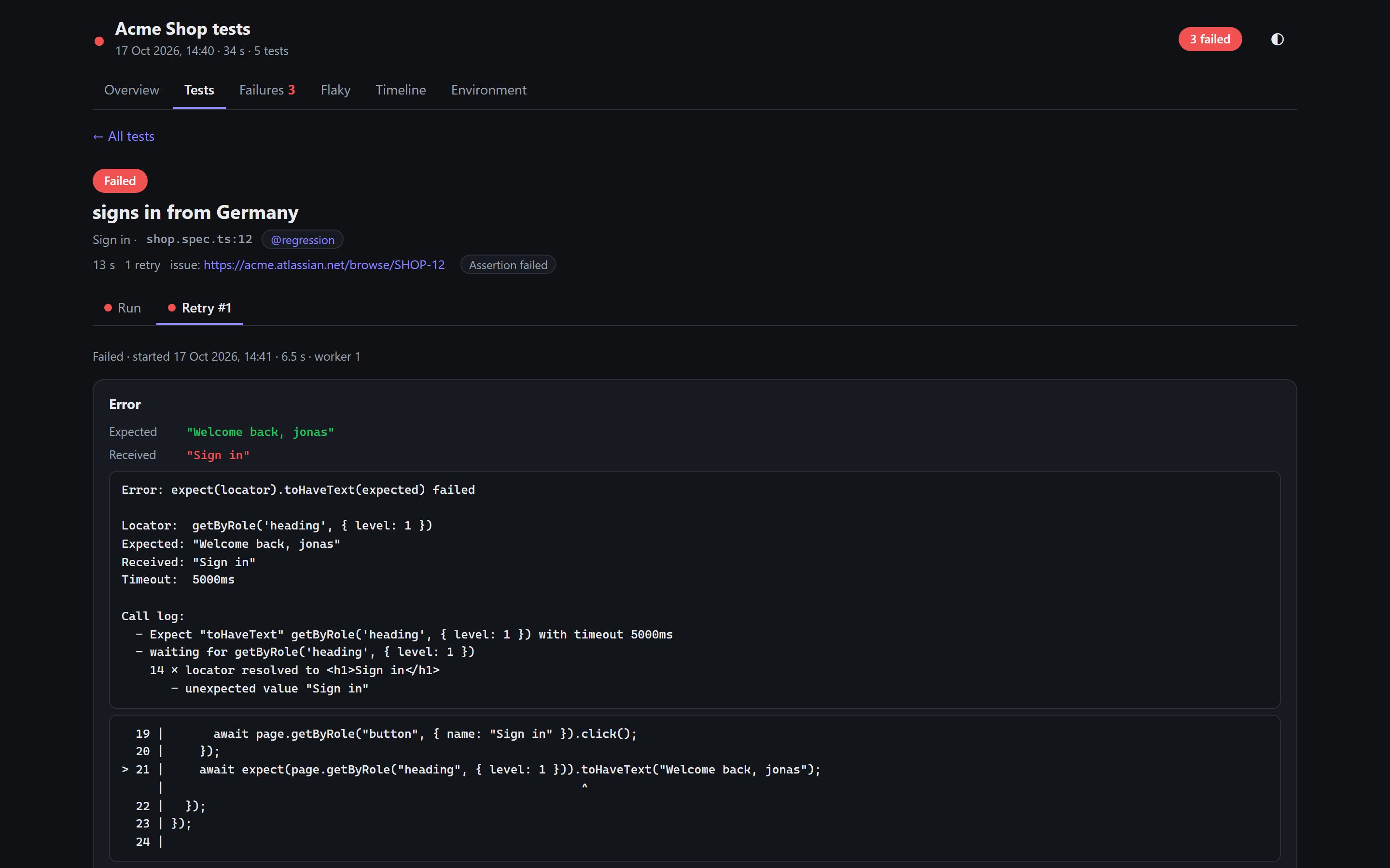 A failed test with expected and received and the failing line of code